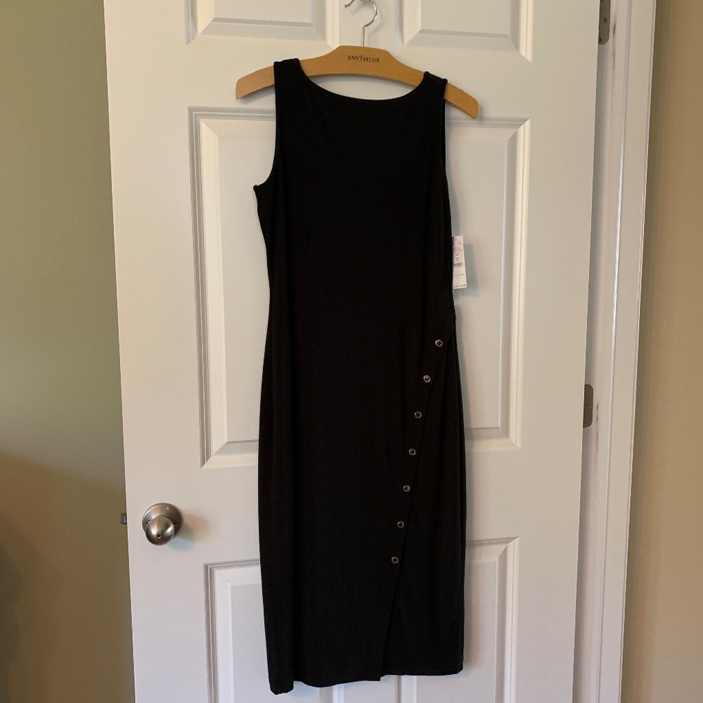 NWT WHBM Black Sleeveless Matte Jersey Diagonal Placket Midi-Dress